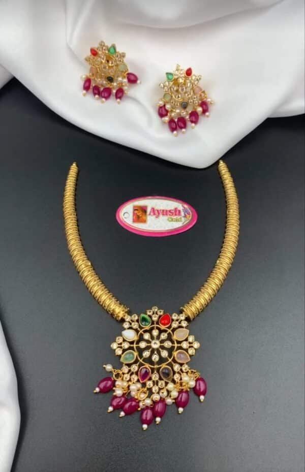 Traditional Gold-Plated Navratna Necklace Set with Beaded Danglers – Multiple Colors - Image 3
