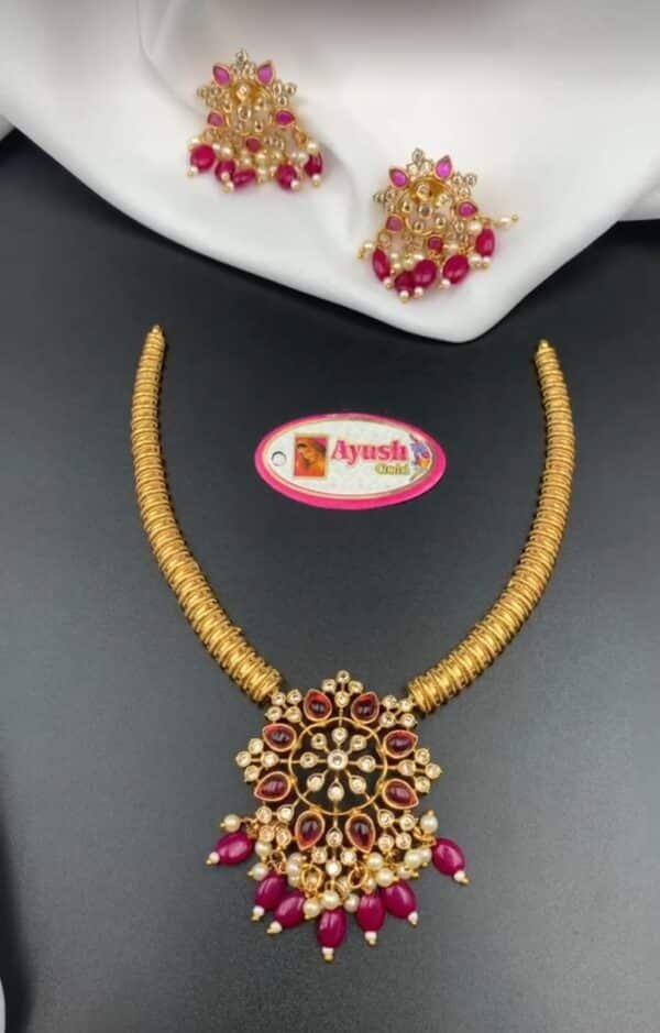 Traditional Gold-Plated Navratna Necklace Set with Beaded Danglers – Multiple Colors