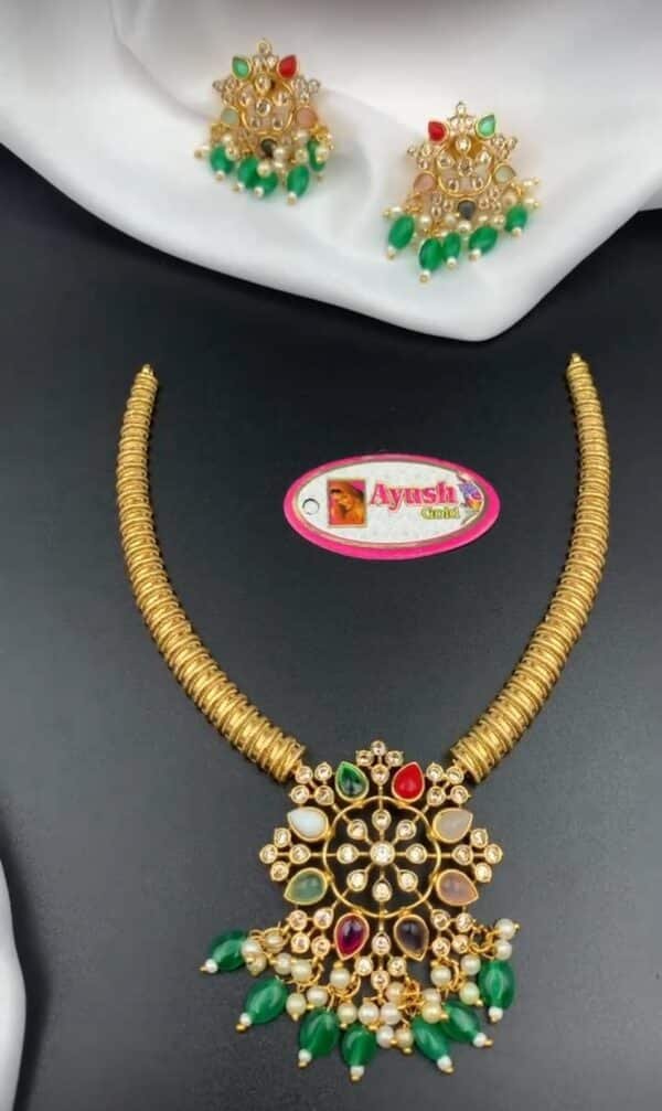 Traditional Gold-Plated Navratna Necklace Set with Beaded Danglers – Multiple Colors - Image 4